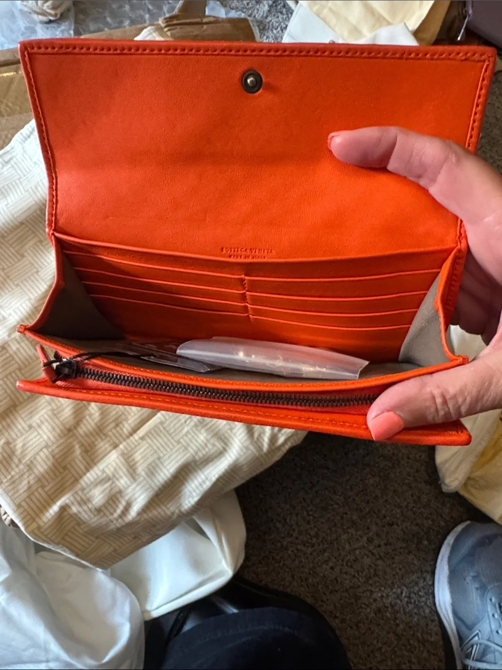 Bottega Veneta Orange Woven Leather Flap Wallet with Python Accents